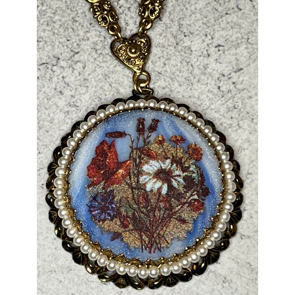 Vintage West Germany Sugar Glass Floral Bouquet Statement Pendant Filigree
